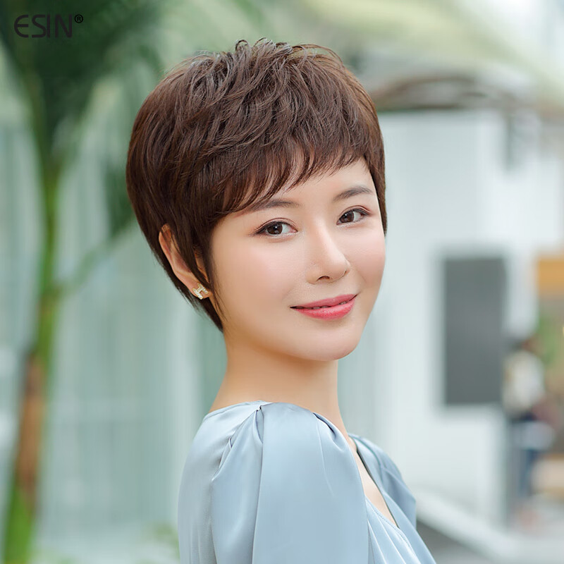 宜心假发女真发短卷发真人发丝时尚妈妈假发纹理假发套透气逼真自然